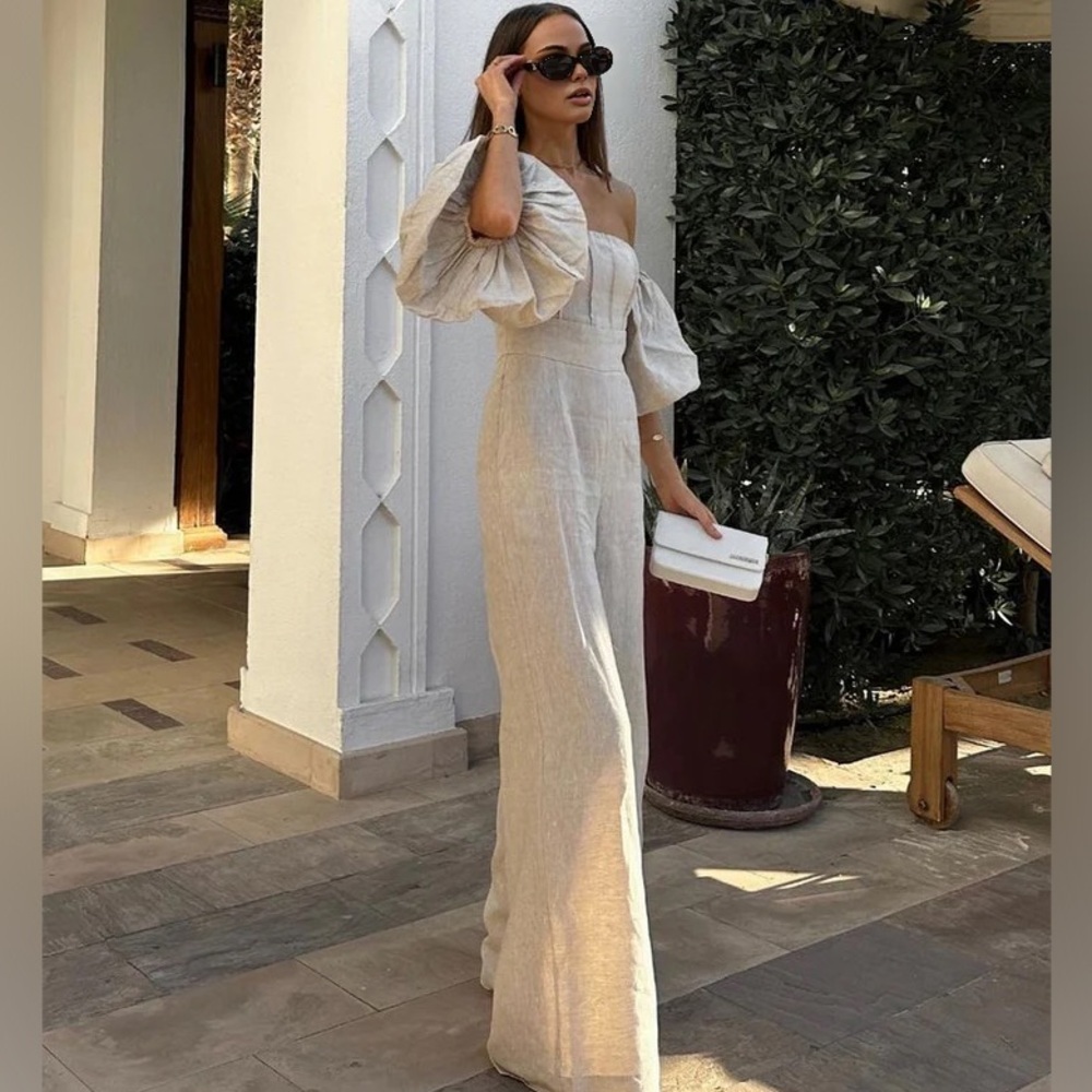 Commense Linen Blend Off-Shoulder Puff sleeve Jumpsuit - Picture 2 of 8